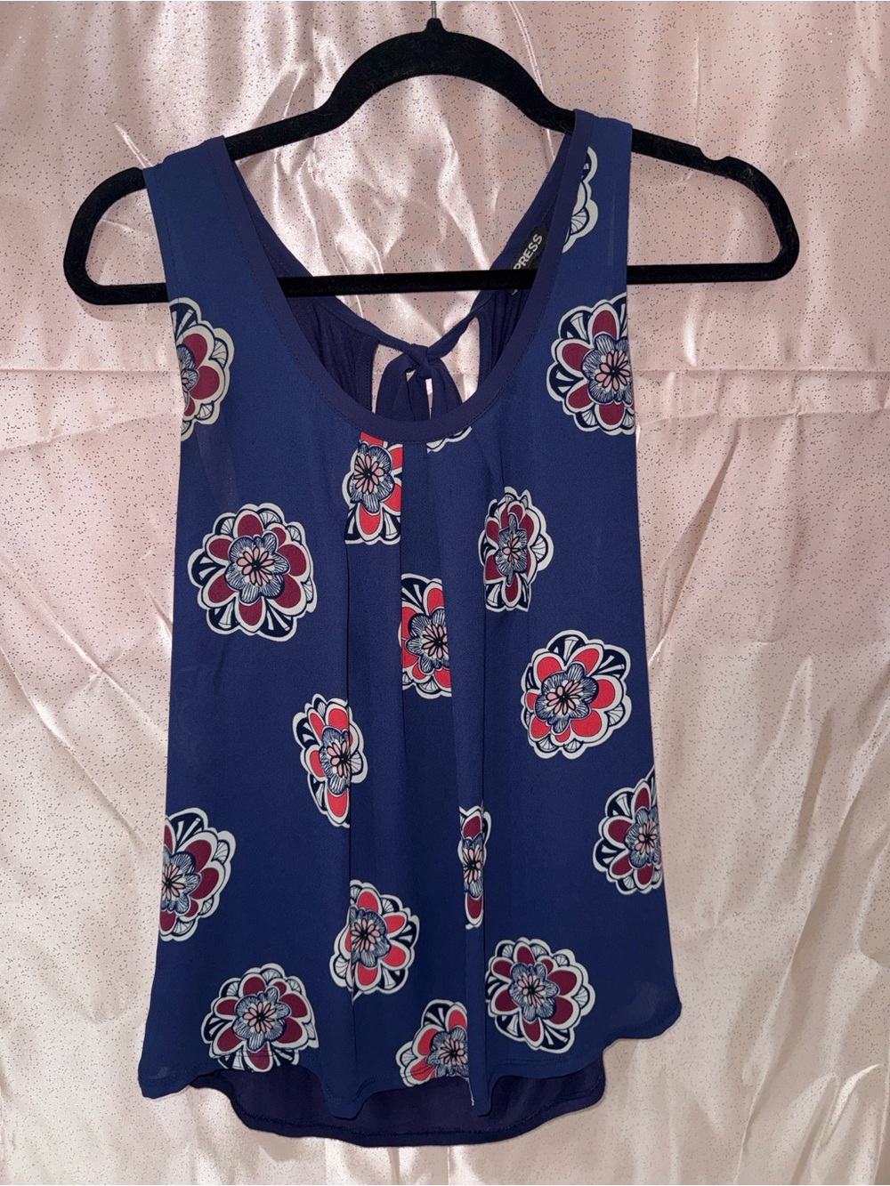 Express Blue Floral Pleated Sleeveless Blouse with Tie-Back Details